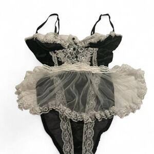 Ariane French Maid Lingerie Teddy Black White Lace Tulle Skirt Corset